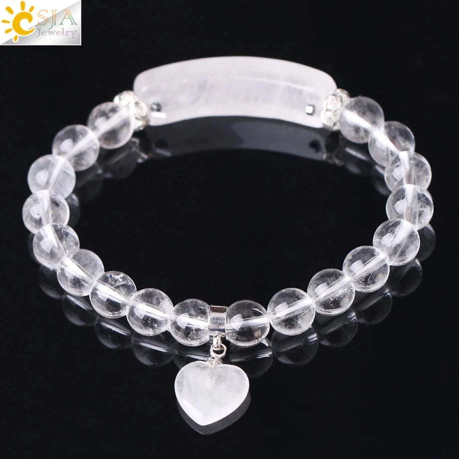 CSJA Women's Natural Stone Crystal Bracelet Love Heart Beaded Sodalite Tiger Eye Rose Quartz Amethyst Friendship G909 