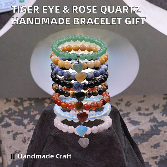 Trendy Geometric Design Unisex Tiger Eye Stone Handmade Woven Jewelry Charm Bracelet 8mm Natural Rose Quartz Beaded Gift