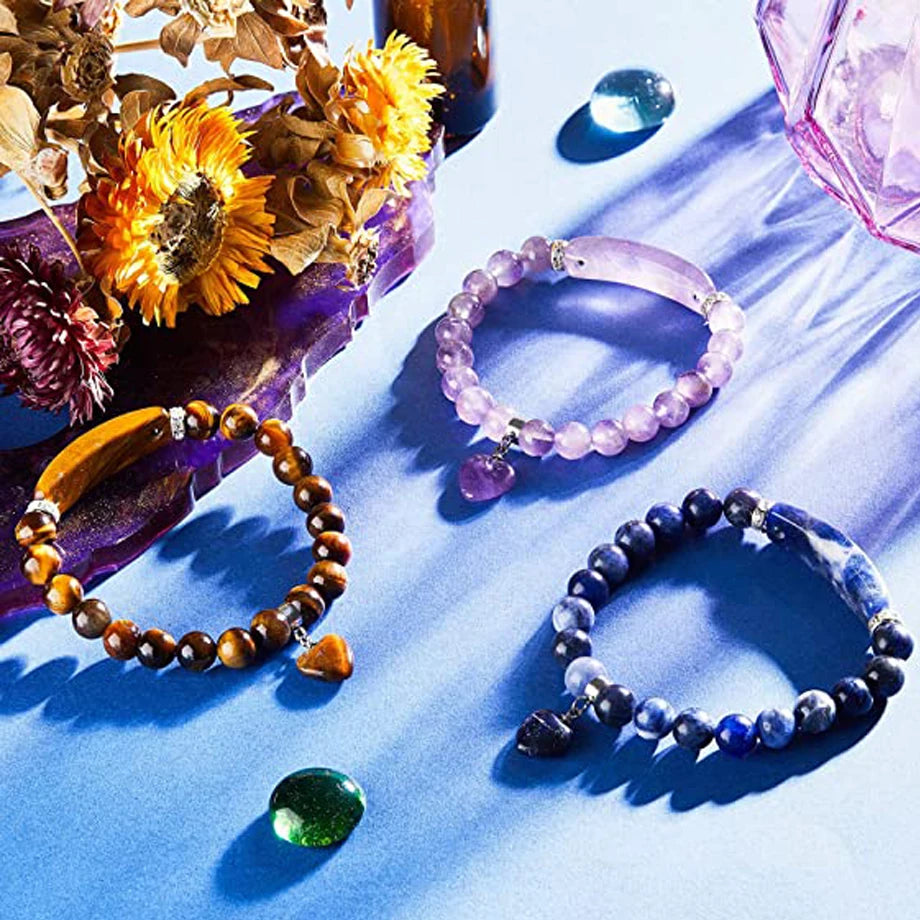 CSJA Women's Natural Stone Crystal Bracelet Love Heart Beaded Sodalite Tiger Eye Rose Quartz Amethyst Friendship G909 ﻿