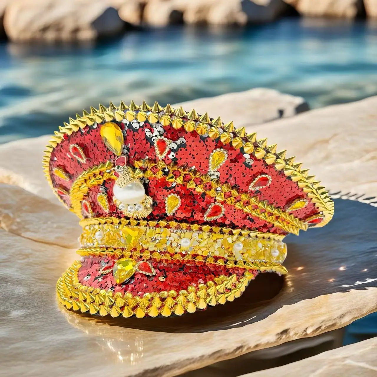 HongLuan Carnival Disco Steampunk Captain Hat Rhinestone for Music Festival Woman, Rave Festivals Accessories ＆ Party Caps Man