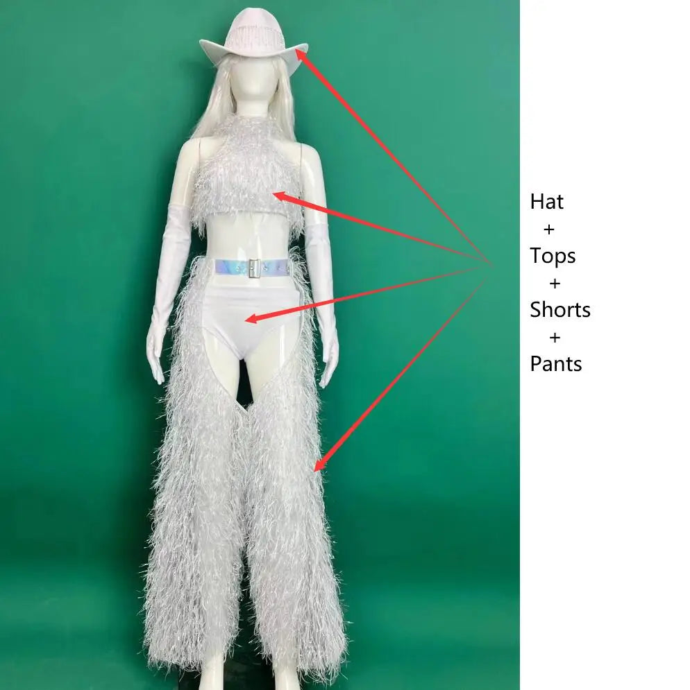 Bar Nightclub DJ DS Performance Rave Outfits Women Sexy Gogo Dance Costume Singer Dancer Team White Plush Tops Pants Hat Set