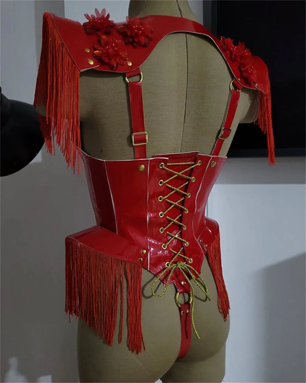 New Rave Birthday Party Outfit Stage Costumes Nightclub Singer Gogo Dance Costume Women Festival Clothing Red Leather Bodysuit ﻿