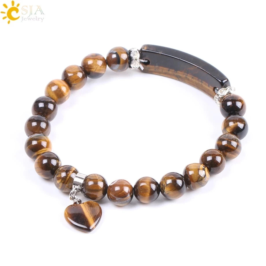 CSJA Women's Natural Stone Crystal Bracelet Love Heart Beaded Sodalite Tiger Eye Rose Quartz Amethyst Friendship G909 ﻿