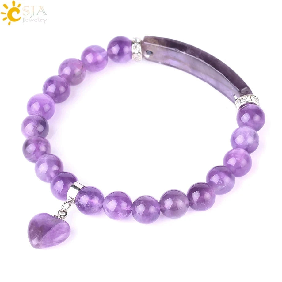 CSJA Women's Natural Stone Crystal Bracelet Love Heart Beaded Sodalite Tiger Eye Rose Quartz Amethyst Friendship G909 ﻿