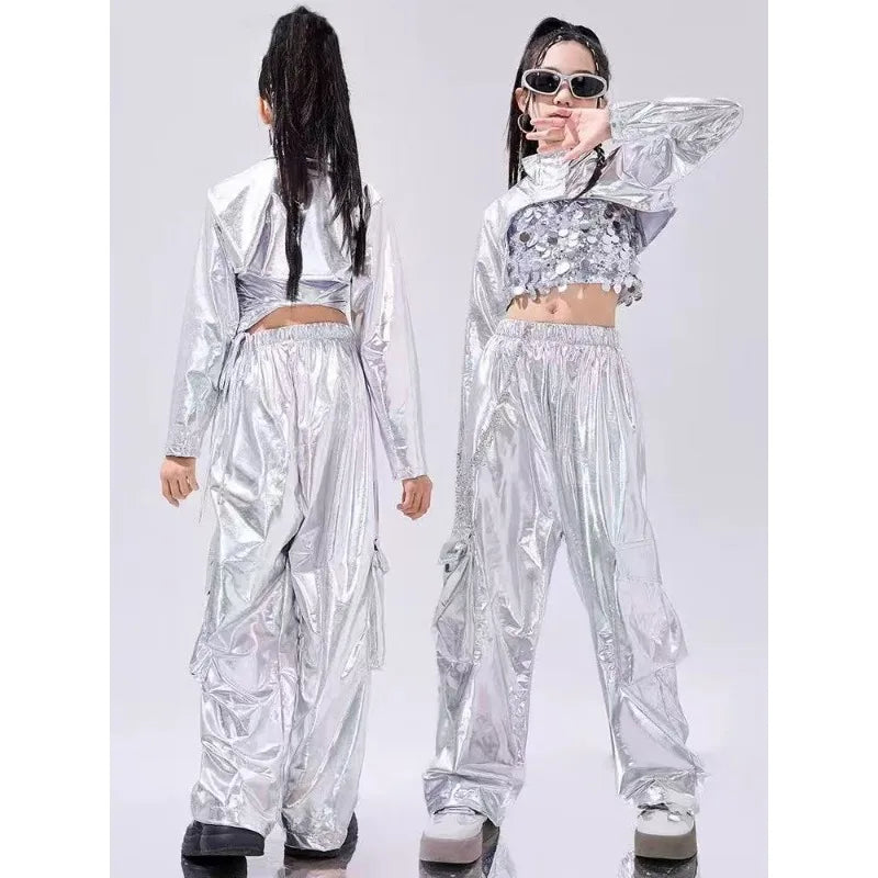 Hip-Hop Dance Clothes Reflective Rave Outfit Girl Sets Jazz Dancewear Festival Crop Tops Cargo Pants Catwalk Show Costume