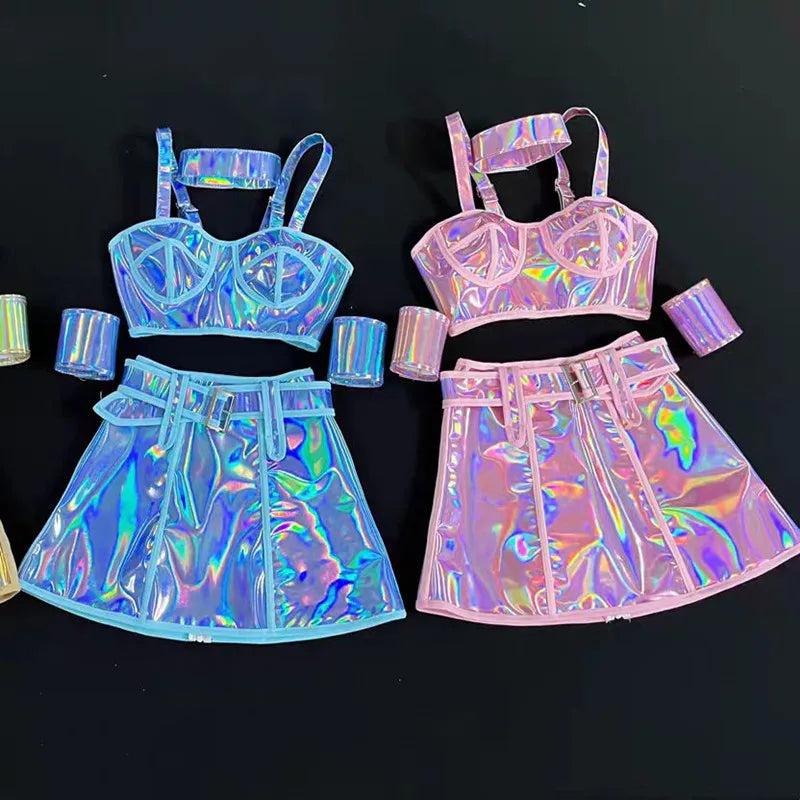 Club Party Carnival Rave Outfit Pink Laser Tops Skirt Team Stage Wear Nightclub Gogo Dancer Costume Festival Performance Clothes