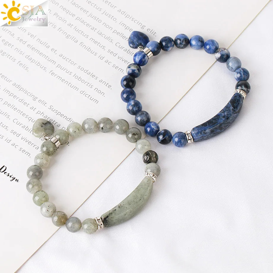 CSJA Women's Natural Stone Crystal Bracelet Love Heart Beaded Sodalite Tiger Eye Rose Quartz Amethyst Friendship G909 ﻿