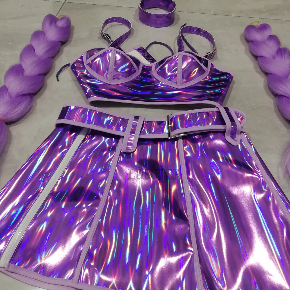 Club Party Carnival Rave Outfit Pink Laser Tops Skirt Team Stage Wear Nightclub Gogo Dancer Costume Festival Performance Clothes