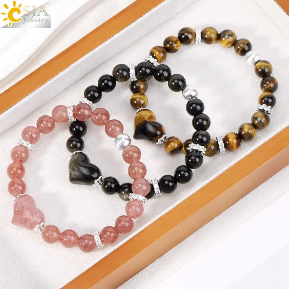 Natural Stone Beads Bracelet for Women Heart Charm Amethysts Crystal Quartzs Tiger Eye Elastic Bangles Reiki Jewelry Gift H543