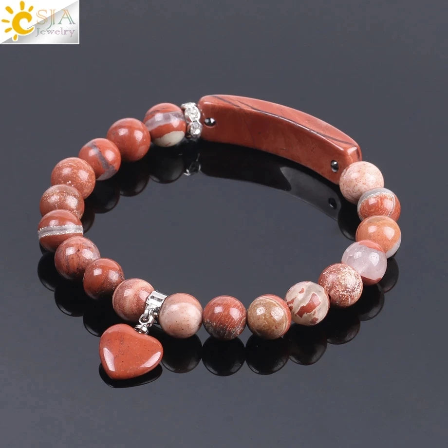 CSJA Women's Natural Stone Crystal Bracelet Love Heart Beaded Sodalite Tiger Eye Rose Quartz Amethyst Friendship G909 ﻿