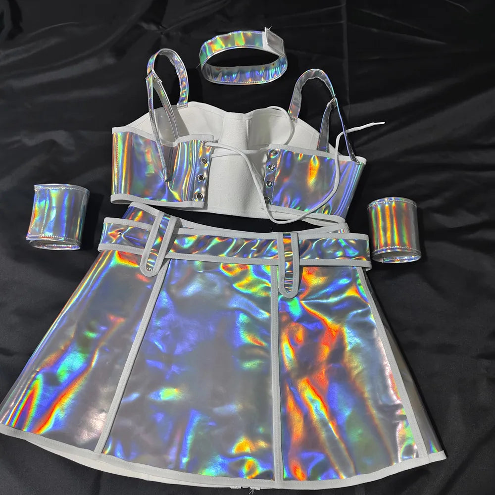 Club Party Carnival Rave Outfit Pink Laser Tops Skirt Team Stage Wear Nightclub Gogo Dancer Costume Festival Performance Clothes