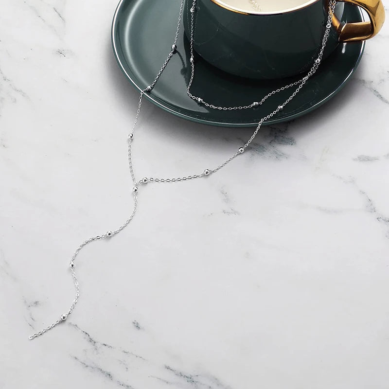 Dainty Long Necklace 14k Gold Plated Y-Shaped Pendant Necklace Trendy Layered Cz Beaded Necklaces Stainless Steel Jewelry