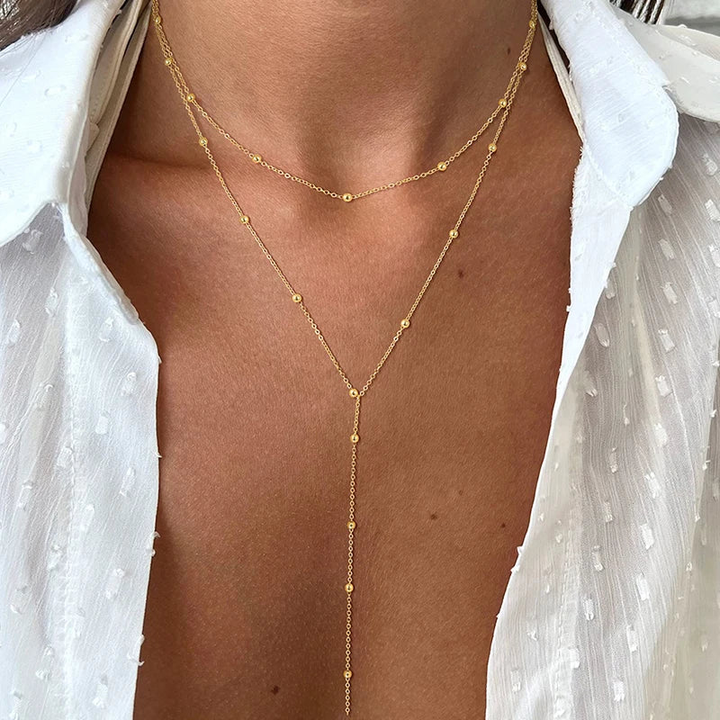 Dainty Long Necklace 14k Gold Plated Y-Shaped Pendant Necklace Trendy Layered Cz Beaded Necklaces Stainless Steel Jewelry