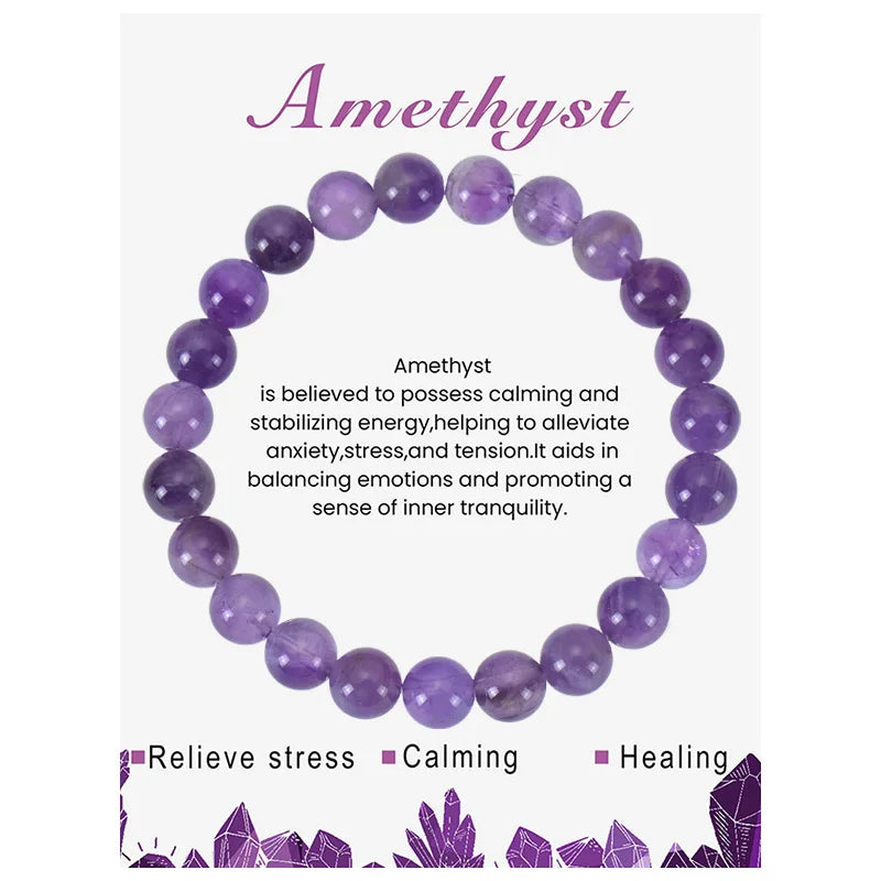 Natural Stone Beaded Bracelets With Card 8mm Apatite Amethysts Carnelian Tiger Eye Stone Stretch Bracelets For Women Men Jewelry