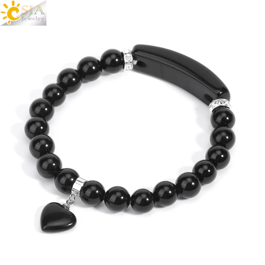 CSJA Women's Natural Stone Crystal Bracelet Love Heart Beaded Sodalite Tiger Eye Rose Quartz Amethyst Friendship G909 ﻿