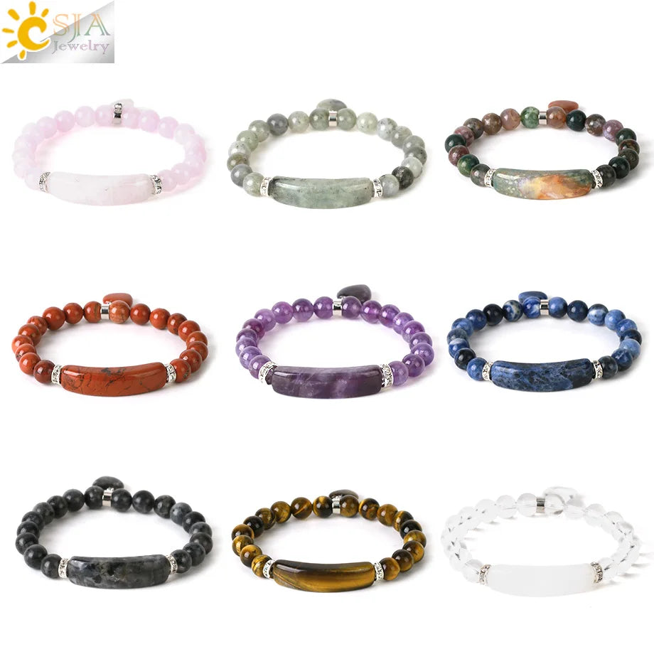 CSJA Women's Natural Stone Crystal Bracelet Love Heart Beaded Sodalite Tiger Eye Rose Quartz Amethyst Friendship G909 ﻿