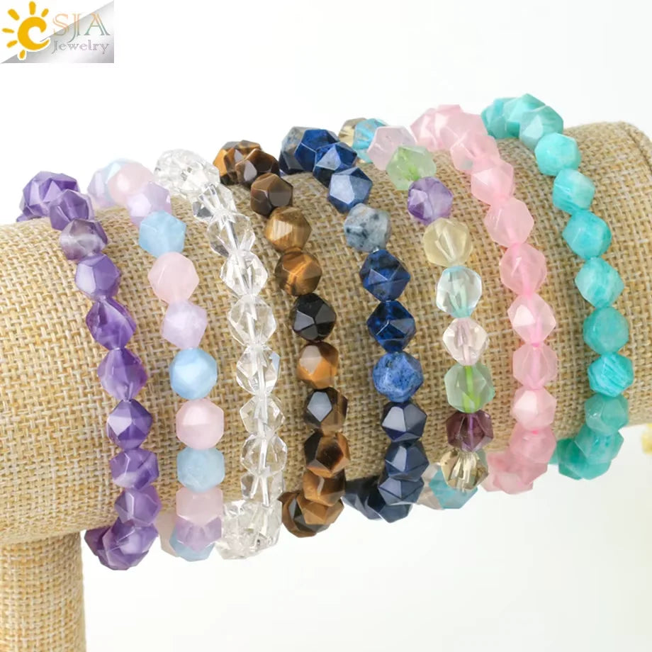 Natural Stone Beads Bracelet for Women Heart Charm Amethysts Crystal Quartzs Tiger Eye Elastic Bangles Reiki Jewelry Gift H543