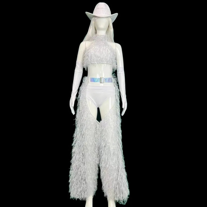 Bar Nightclub DJ DS Performance Rave Outfits Women Sexy Gogo Dance Costume Singer Dancer Team White Plush Tops Pants Hat Set