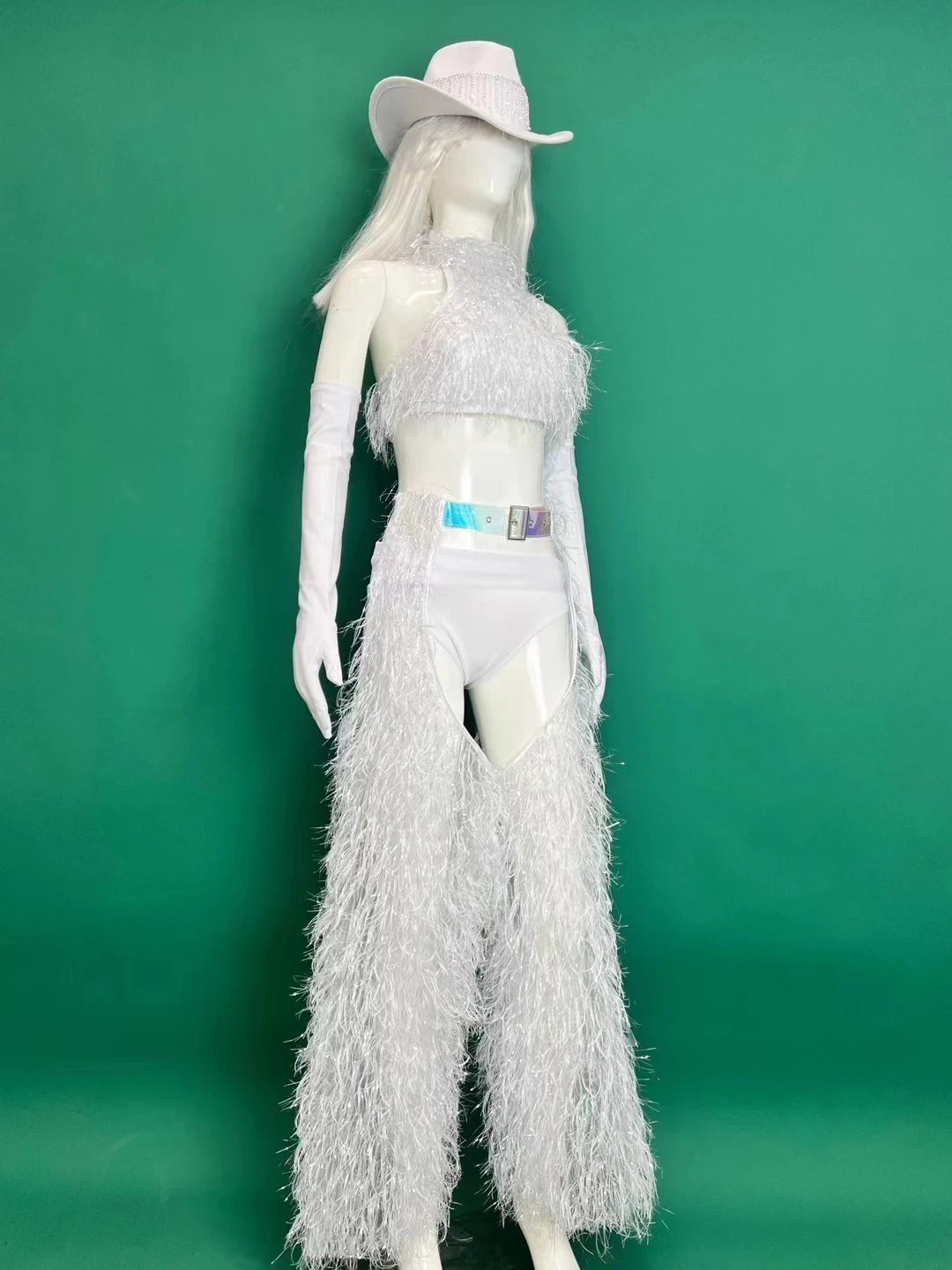 Bar Nightclub DJ DS Performance Rave Outfits Women Sexy Gogo Dance Costume Singer Dancer Team White Plush Tops Pants Hat Set