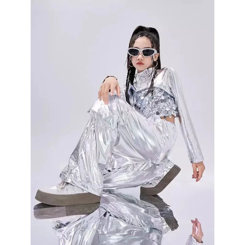 Hip-Hop Dance Clothes Reflective Rave Outfit Girl Sets Jazz Dancewear Festival Crop Tops Cargo Pants Catwalk Show Costume