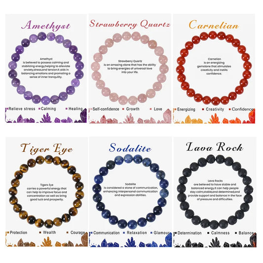 Natural Stone Beaded Bracelets With Card 8mm Apatite Amethysts Carnelian Tiger Eye Stone Stretch Bracelets For Women Men Jewelry