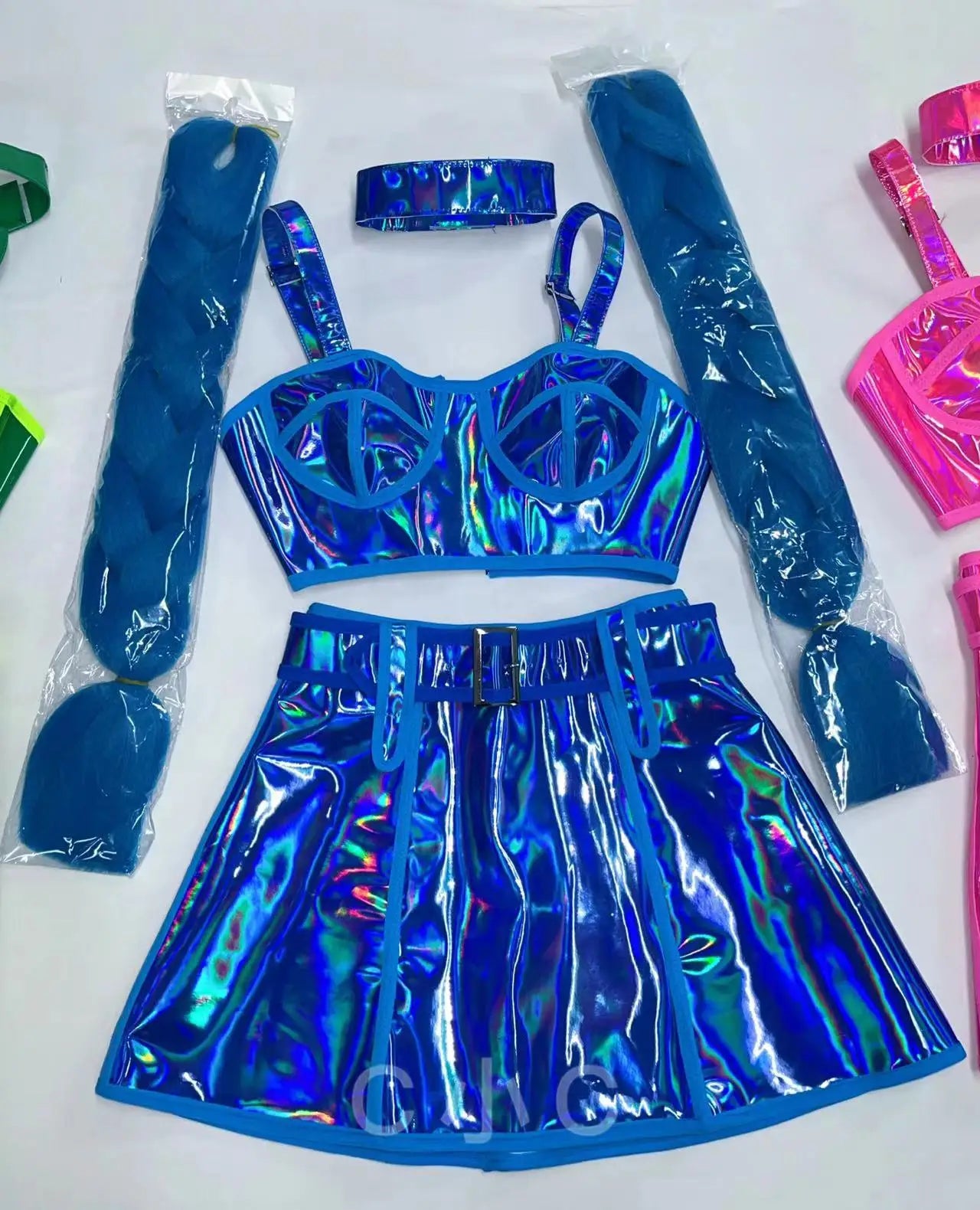 Club Party Carnival Rave Outfit Pink Laser Tops Skirt Team Stage Wear Nightclub Gogo Dancer Costume Festival Performance Clothes
