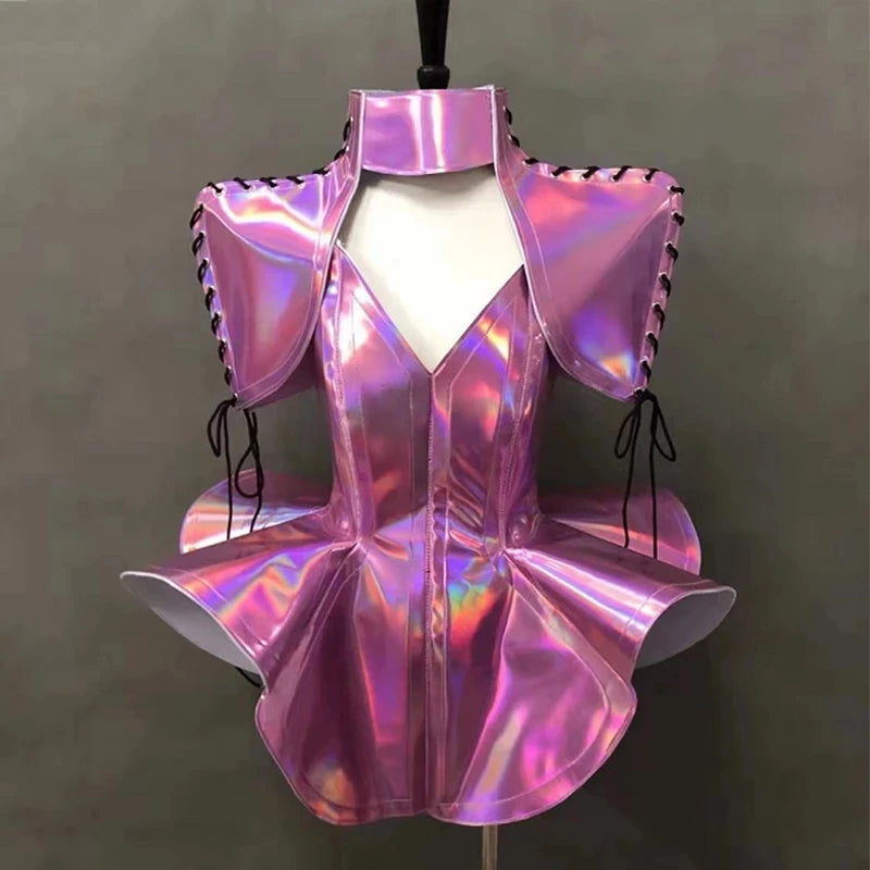 Rave Birthday Party Outfit Stage Costumes Nightclub Dj Singer Gogo Dance Costume Women Festival Clothing Laser Leather Dress