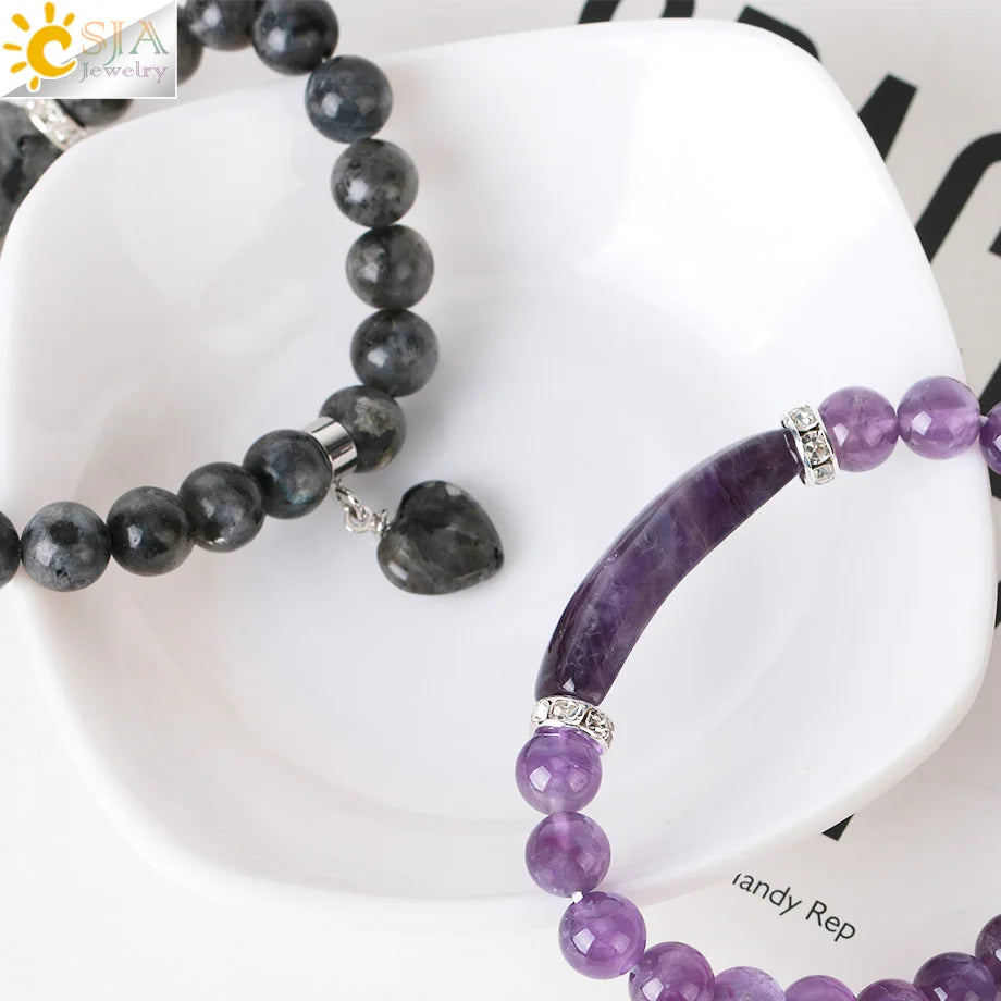 CSJA Women's Natural Stone Crystal Bracelet Love Heart Beaded Sodalite Tiger Eye Rose Quartz Amethyst Friendship G909 ﻿