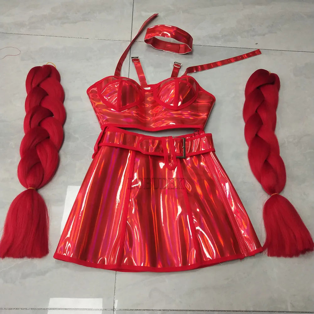 Club Party Carnival Rave Outfit Pink Laser Tops Skirt Team Stage Wear Nightclub Gogo Dancer Costume Festival Performance Clothes