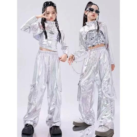 Hip-Hop Dance Clothes Reflective Rave Outfit Girl Sets Jazz Dancewear Festival Crop Tops Cargo Pants Catwalk Show Costume