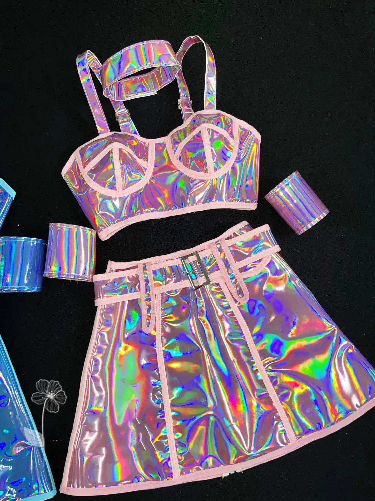 Club Party Carnival Rave Outfit Pink Laser Tops Skirt Team Stage Wear Nightclub Gogo Dancer Costume Festival Performance Clothes