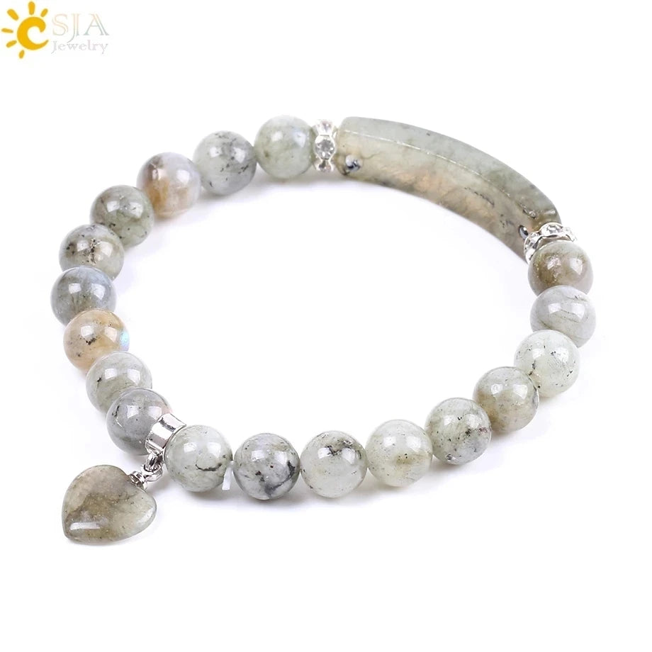 CSJA Women's Natural Stone Crystal Bracelet Love Heart Beaded Sodalite Tiger Eye Rose Quartz Amethyst Friendship G909 ﻿