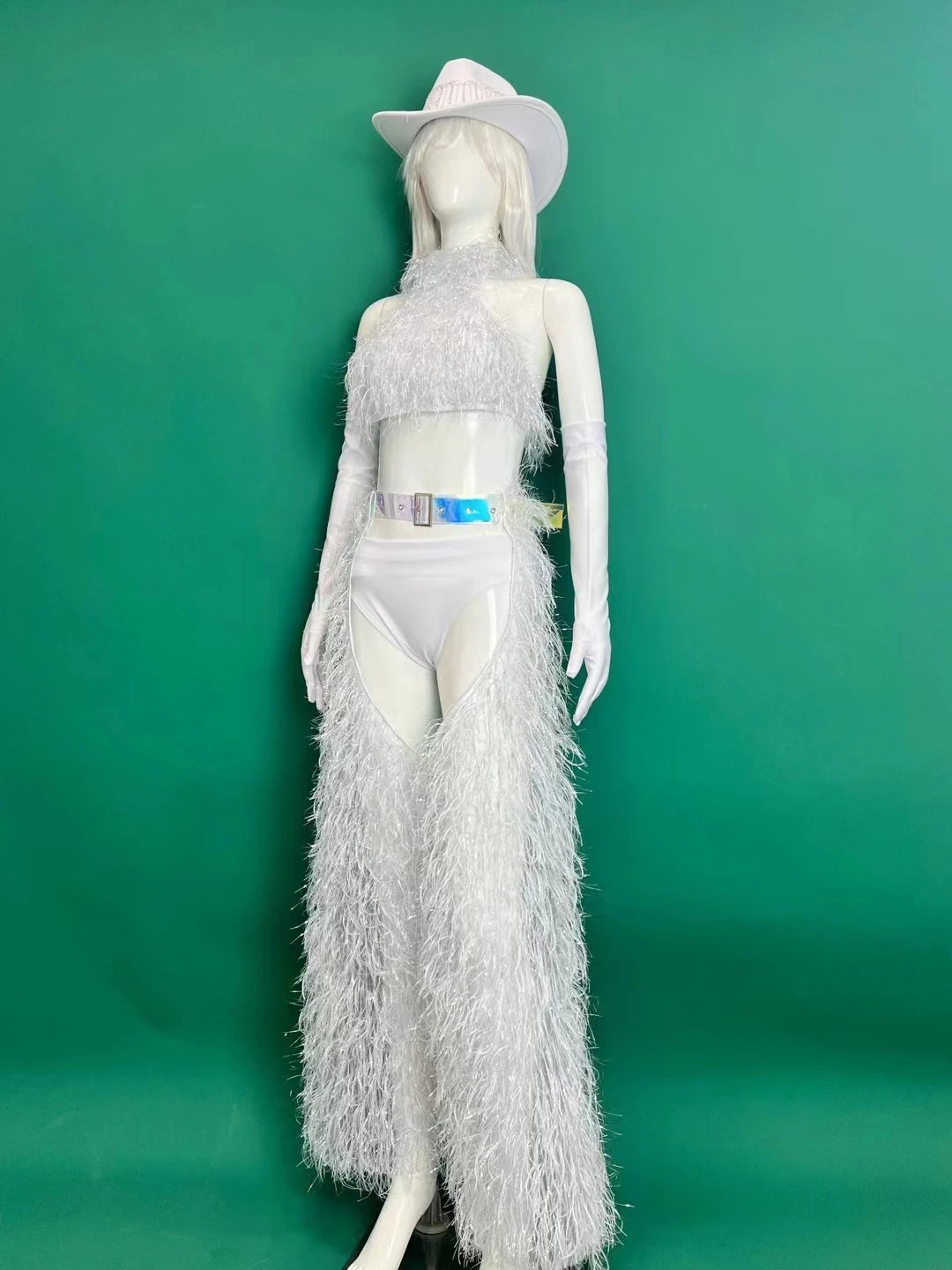 Bar Nightclub DJ DS Performance Rave Outfits Women Sexy Gogo Dance Costume Singer Dancer Team White Plush Tops Pants Hat Set