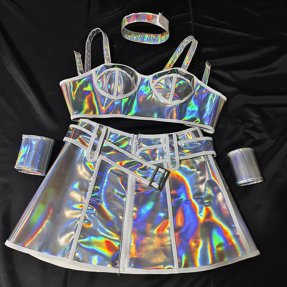 Club Party Carnival Rave Outfit Pink Laser Tops Skirt Team Stage Wear Nightclub Gogo Dancer Costume Festival Performance Clothes
