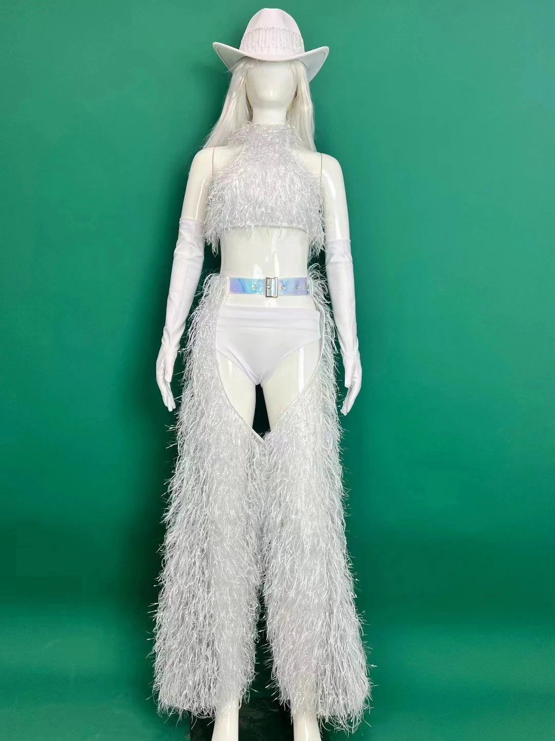 Bar Nightclub DJ DS Performance Rave Outfits Women Sexy Gogo Dance Costume Singer Dancer Team White Plush Tops Pants Hat Set