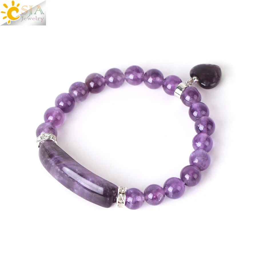 CSJA Women's Natural Stone Crystal Bracelet Love Heart Beaded Sodalite Tiger Eye Rose Quartz Amethyst Friendship G909 ﻿