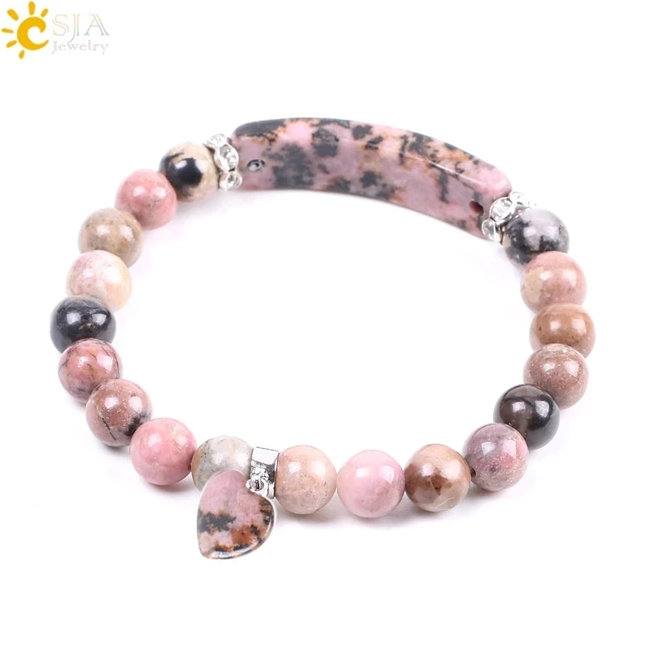 CSJA Women's Natural Stone Crystal Bracelet Love Heart Beaded Sodalite Tiger Eye Rose Quartz Amethyst Friendship G909 ﻿