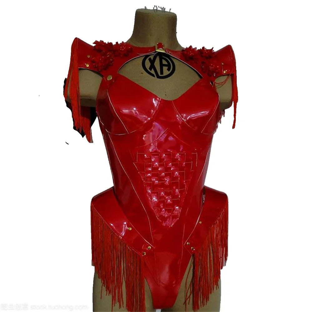 New Rave Birthday Party Outfit Stage Costumes Nightclub Singer Gogo Dance Costume Women Festival Clothing Red Leather Bodysuit ﻿