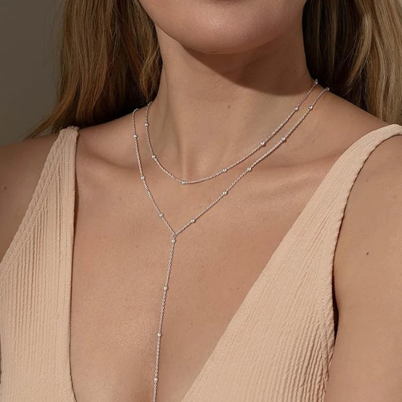 Dainty Long Necklace 14k Gold Plated Y-Shaped Pendant Necklace Trendy Layered Cz Beaded Necklaces Stainless Steel Jewelry