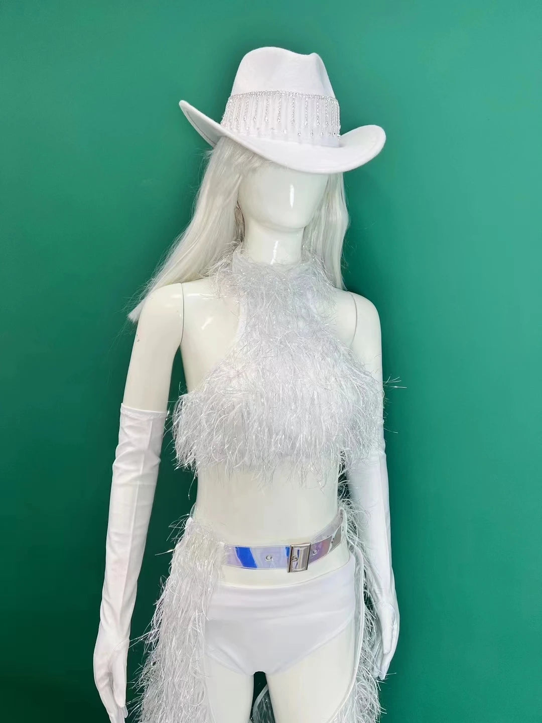 Bar Nightclub DJ DS Performance Rave Outfits Women Sexy Gogo Dance Costume Singer Dancer Team White Plush Tops Pants Hat Set