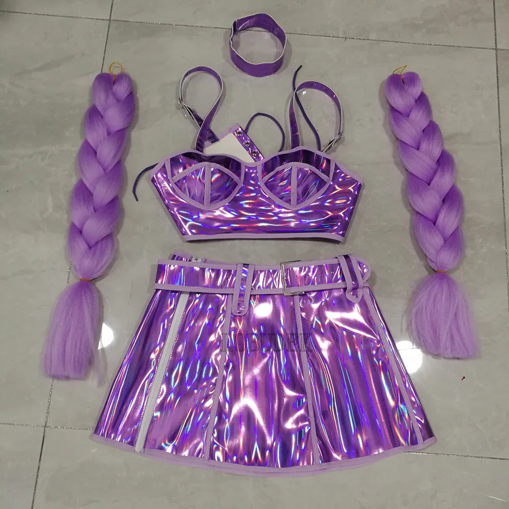 Club Party Carnival Rave Outfit Pink Laser Tops Skirt Team Stage Wear Nightclub Gogo Dancer Costume Festival Performance Clothes