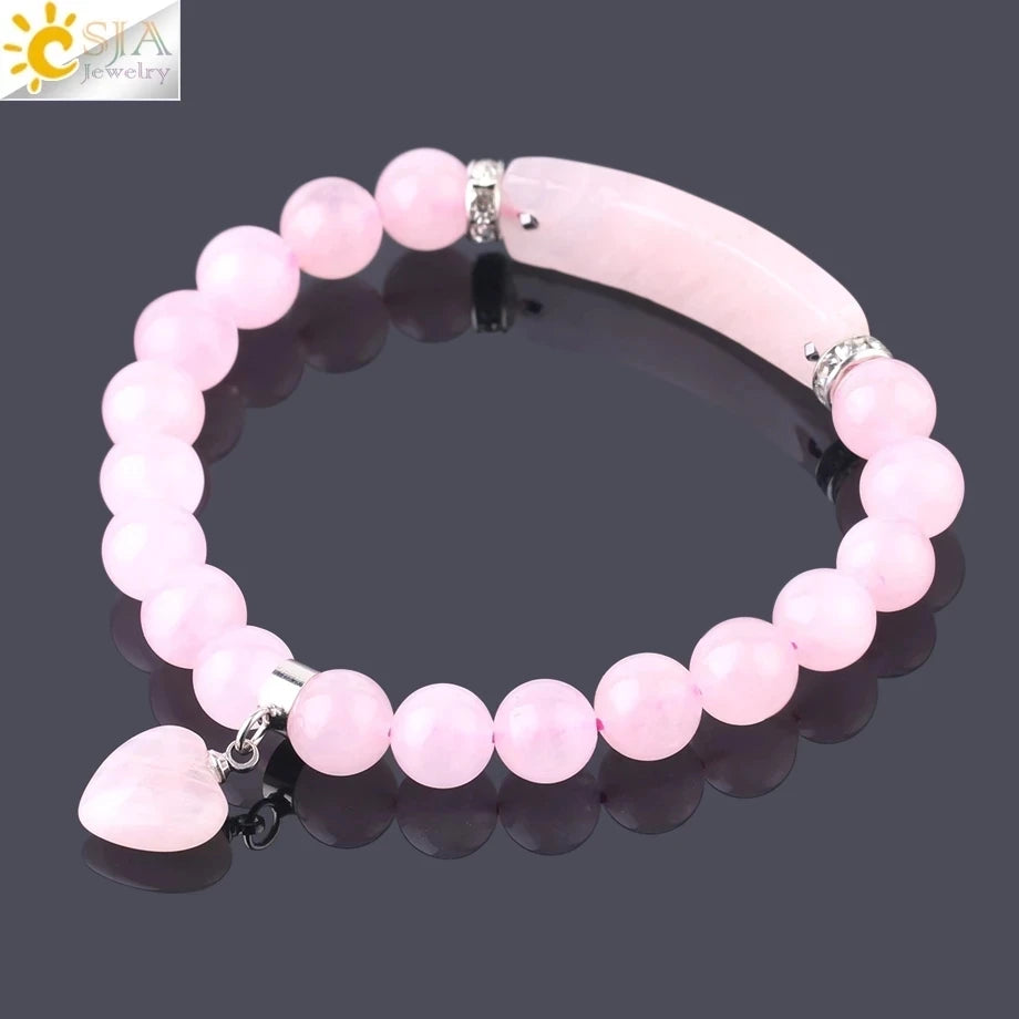 CSJA Women's Natural Stone Crystal Bracelet Love Heart Beaded Sodalite Tiger Eye Rose Quartz Amethyst Friendship G909 ﻿