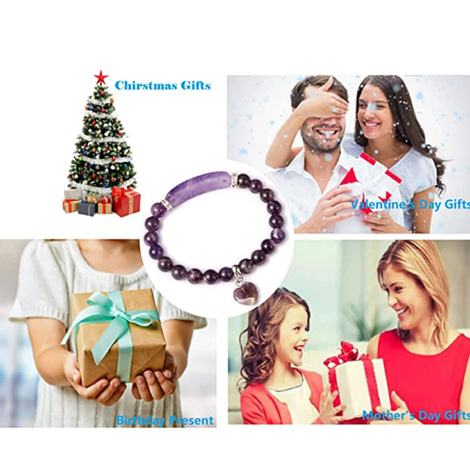 CSJA Women's Natural Stone Crystal Bracelet Love Heart Beaded Sodalite Tiger Eye Rose Quartz Amethyst Friendship G909 ﻿
