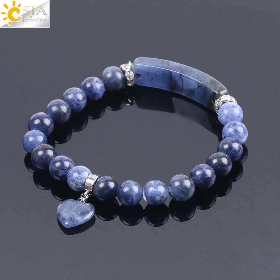 CSJA Women's Natural Stone Crystal Bracelet Love Heart Beaded Sodalite Tiger Eye Rose Quartz Amethyst Friendship G909 ﻿
